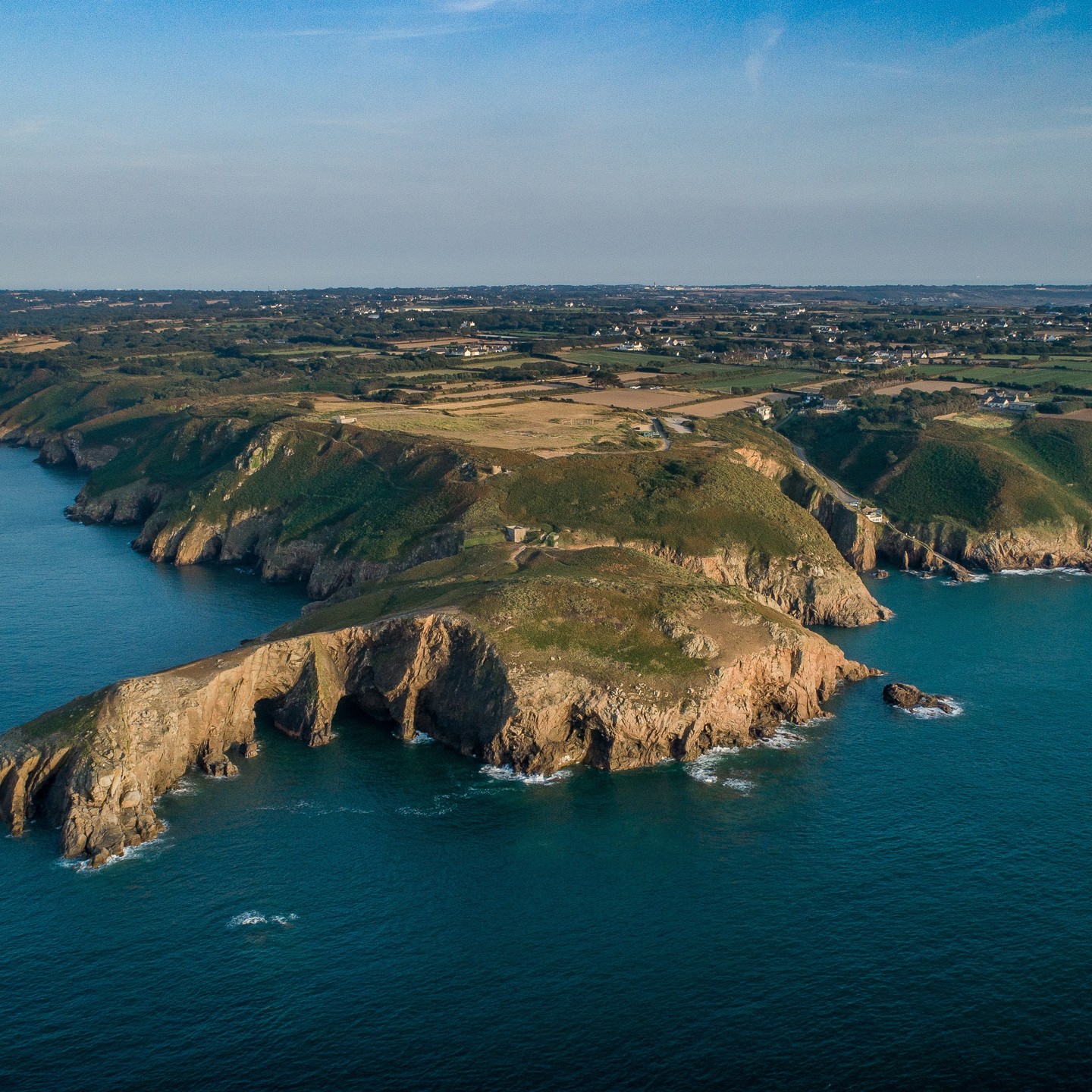 Drone imagery of Jersey's north coast with rocky outcroppings