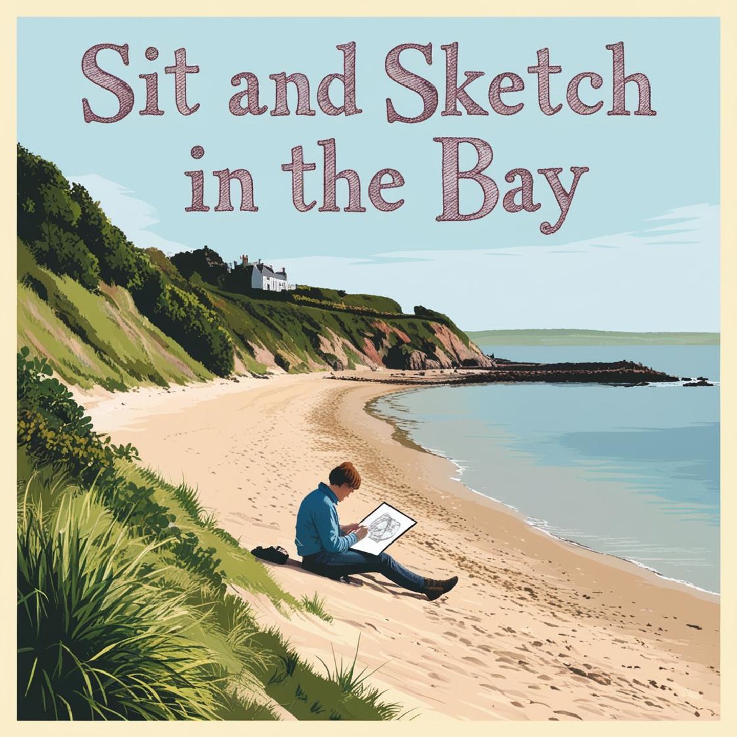 Sit And Sketch On The Beach Bay, Featuring The Title 'Sit And Sketch In The Bay'. Make The Image More British And Less Sunset. Remove Buildings, Add Greenery. Have Person Sitting On The Beach, British Vibes